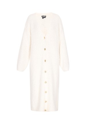 Biały długi kardigan z puszystego materiału, z dekoltem w kształcie litery V, opadającymi ramionami, długimi rękawami oraz sześcioma złotymi guzikami z przodu.