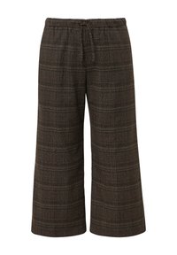 Bruine geruite wijde broek met elastische tailleband en trekkoord. Gemaakt van een gestructureerde stof met fijne verticale en horizontale lijnen.