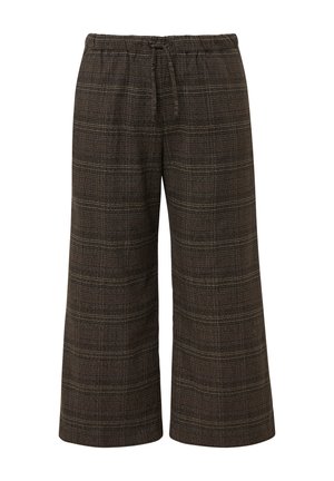 Pantaloni a gamba larga a scacchi marroni con fascia elastica in vita e cordoncino. Realizzati in un tessuto testurizzato con sottili linee verticali e orizzontali.