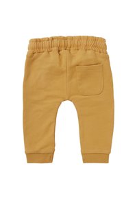 Gelbe Jogginghose mit elastischem Bund, gerippten Beinabschlüssen und einer einzigen Gesäßtasche. Weicher, Baumwollstoff mit glatter текстура.