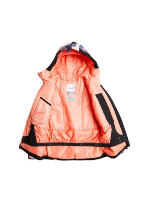 Veste Roxy avec un extérieur noir et une doublure corail vif, une capuche à motifs, de multiples poches intérieures et une texture lisse.