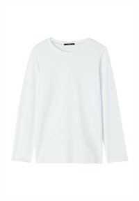 Weißes Langarmshirt aus weichem Baumwollstoff, mit Rundhalsausschnitt und lockerem Schnitt. Minimalistisches Design ohne Muster oder Akzente.