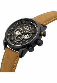 Schwarze Chronograph-Uhr mit goldenen Akzenten und dualer Zeitansicht. Verfügt über ein matt schwarzes Gehäuse, ein Lederarmband und strukturierte Drücker.