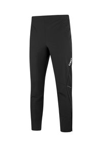 Black athletic pants, made of lightweight material, with a tapered fit. Features side pockets, zippered hems, and a logo on the thigh.