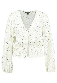 Blusa bianca con scollatura a V, maniche lunghe a sbuffo e vita a peplo. Presenta un motivo a pois multicolori e chiusure frontali a bottoni.
