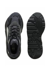 Black and gray athletic shoes with mesh and suede materials, textured soles, and padded collars. Features a logo on the side and tongue.