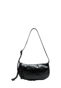 Schwarze Ledertasche mit einer geschwungenen Form, Reißverschlussverschluss und dekorativen Quastenakzenten. Glatte Textur und verstellbarer Griff.