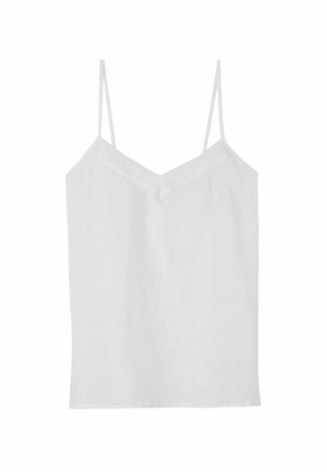Hvid cami-top lavet af letvægtsstof, med tynde justerbare stropper og en V-halsudskæring med en glat tekstur.