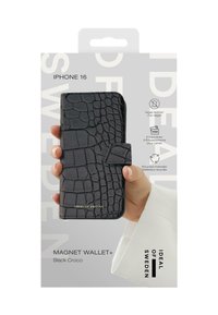 Black crocodile texture vegan leather wallet case with magnetic closure for iPhone 16, featuring six card slots and recycled materials.