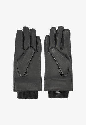 Czarne skórzane rękawiczki z prążkowanymi, dzianinowymi mankietami. Gładka faktura, pięciopalczasty krój oraz lekko wydłużona część dłoniowa dla komfortu.