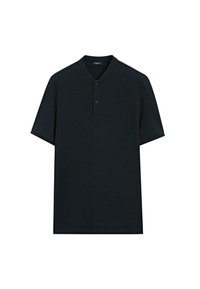 Mørk, kortærmet polo shirt lavet af tekstureret stof, med en rund krave og to-knap lukning, uden synlige mønstre eller detaljer.