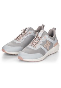 Gray athletic shoes with mesh and synthetic material, featuring light pink accents, round toe, and a padded collar for comfort.