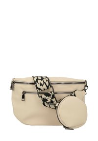 Borsa crossbody beige con texture, dotata di due scomparti con zip e una pochette rotonda removibile, caratterizzata da una ampia tracolla con stampa animale nera e beige.