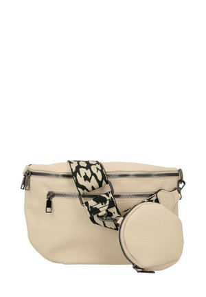 Borsa crossbody beige con texture, dotata di due scomparti con zip e una pochette rotonda removibile, caratterizzata da una ampia tracolla con stampa animale nera e beige.