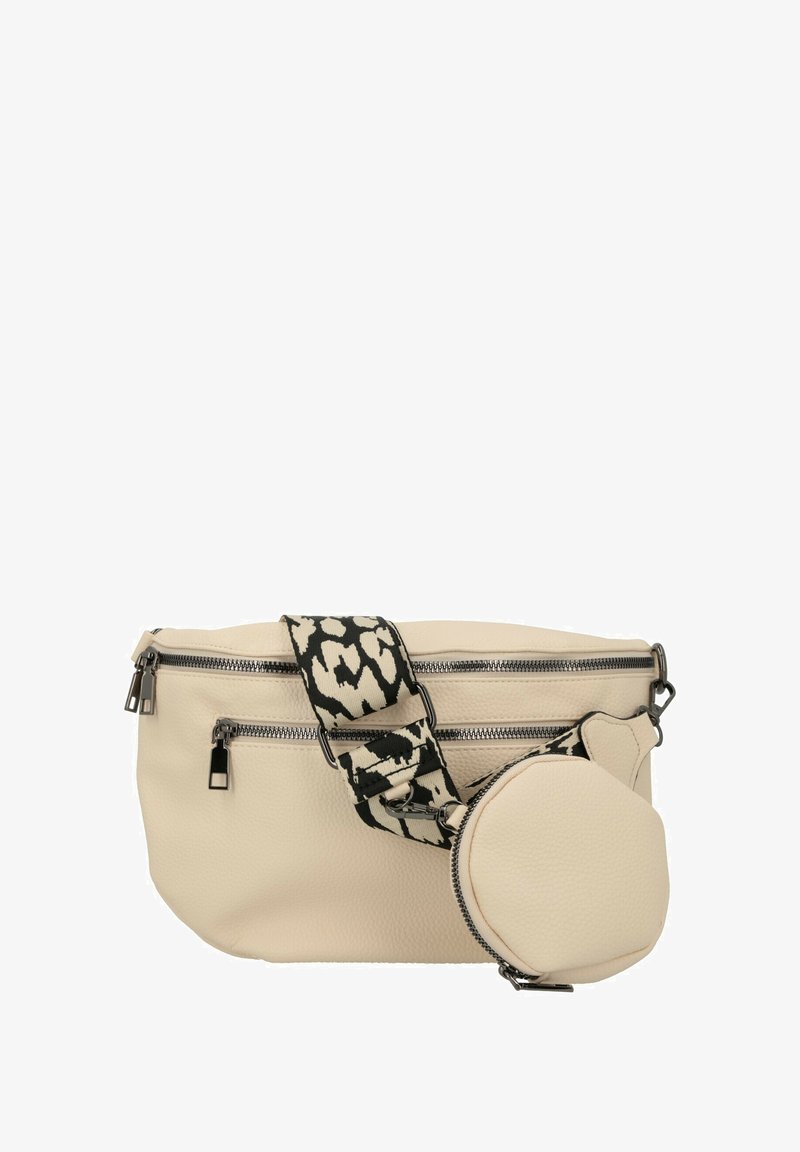 Borsa crossbody beige con texture, dotata di due scomparti con zip e una pochette rotonda removibile, caratterizzata da una ampia tracolla con stampa animale nera e beige.