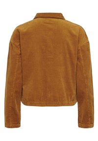 Giacca in corduroy marrone con colletto, scanalature verticali testurizzate, maniche lunghe e taglio cropped, con cuciture minime e senza chiusure visibili.