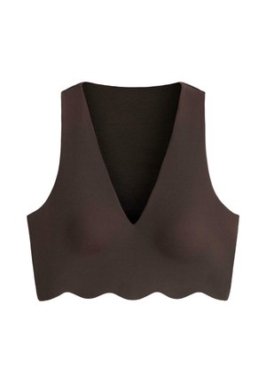 Ujjatlan, sötétbarna, rövidített felső mély V-nyakkivágással és fodros aljjal, sima, rugalmas anyagból készült.