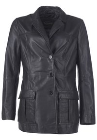 Zwarte leren blazer met een getailleerde pasvorm, enkele knoopsluiting, puntige kraag en twee voorste klepzakken. Gladde textuur en gestructureerd ontwerp.