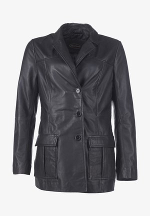 Black leather blazer with a tailored fit, single-button closure, pointed collar, and two front flap pockets. Smooth texture and structured design.