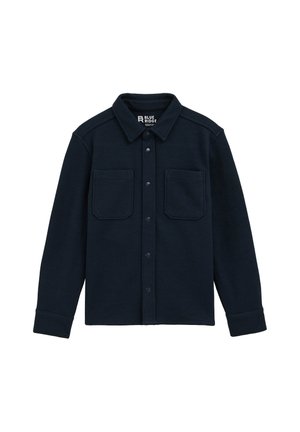 Camicia button-up blu navy realizzata in tessuto testurizzato, dotata di colletto, due tasche sul petto e polsini abbottonati.