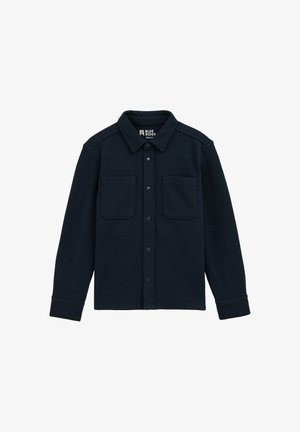 Camicia button-up blu navy realizzata in tessuto testurizzato, dotata di colletto, due tasche sul petto e polsini abbottonati.