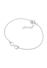 Pulsera de cadena de plata con un diseño de símbolo de infinito, superficie lisa, textura de eslabones finos y cierre ajustable con eslabones adicionales.