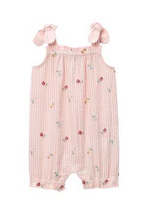 Barboteuse bébé à rayures roses et blanches avec des liens aux épaules et de petites fleurs brodées dispersées sur le tissu.