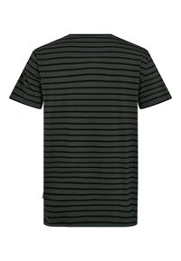 Kortærmet T-shirt i mørkegrøn med sorte vandrette striber. Blødt stof med en afslappet pasform og en rund halsudskæring.