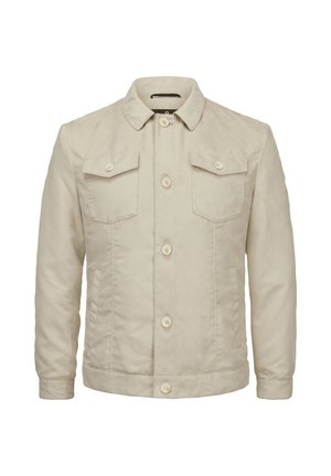 Beige Baumwolljacke mit Kragen, zwei Brusttaschen und vorderem Knopfverschluss. Glatte Textur mit klassischem Schnitt und einfachem Design.