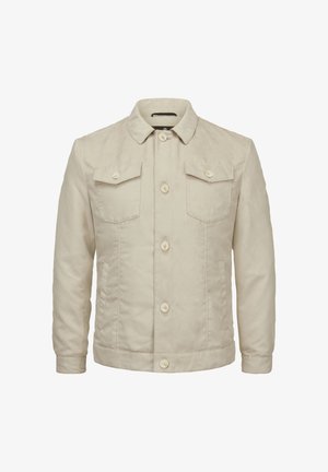 Beige Baumwolljacke mit Kragen, zwei Brusttaschen und vorderem Knopfverschluss. Glatte Textur mit klassischem Schnitt und einfachem Design.