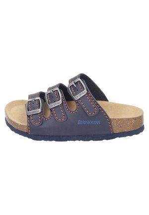 Blue leather slide sandal with three adjustable straps, silver buckles, contrasting orange stitching, and a cork footbed.