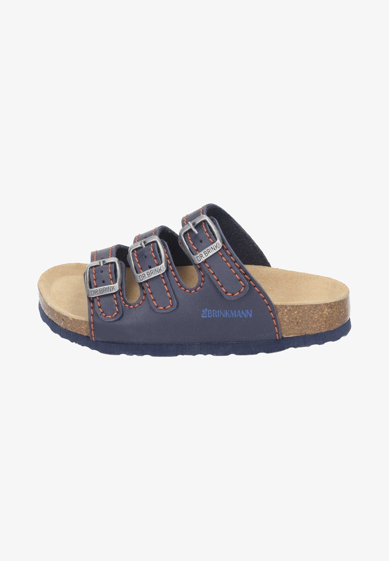 Blue leather slide sandal with three adjustable straps, silver buckles, contrasting orange stitching, and a cork footbed.