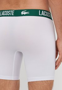 Λευκά μποξεράκια με πράσινη ελαστική ζώνη που φέρει το λογότυπο "Lacoste" και το έμβλημα του κροκοδείλου. Λείο, εφαρμοστό σχέδιο.