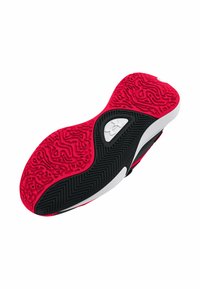 Shoe outsole featuring a textured red and black rubber design, with a white accent and a logo embedded within a curved shape.
