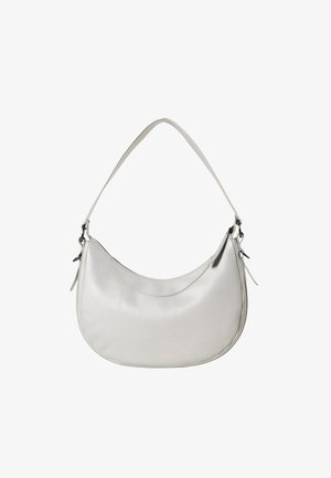 White leather hobo bag with a curved design, smooth texture, and a single shoulder strap. Features minimalistic accents and a sleek silhouette.