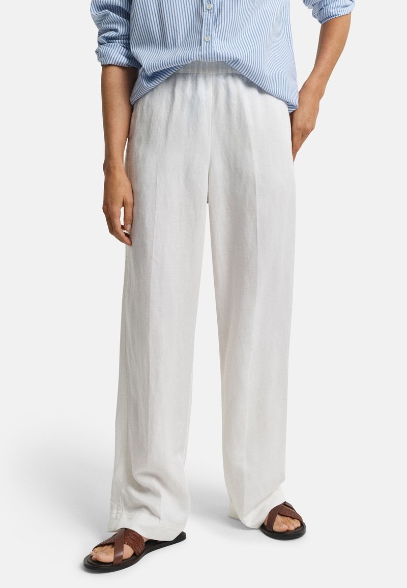 Personne portant un pantalon ample en lin blanc, une chemise à rayures bleues avec boutons et manches retroussées, et des sandales plates marron.