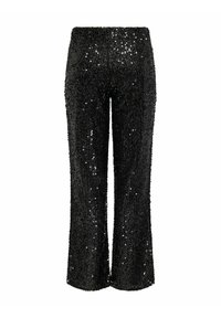 Pantalons noirs à jambes courtes, recouverts de paillettes, avec une taille ajustée et un ourlet évasé, offrant une surface texturée et réfléchissante.