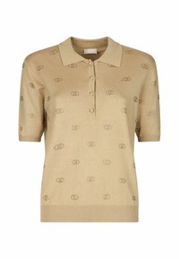 Beige gebreid poloshirt met korte mouwen, drie knopen en patronen van cirkelvormige ontwerpen verspreid over het shirt. Glad textuur.