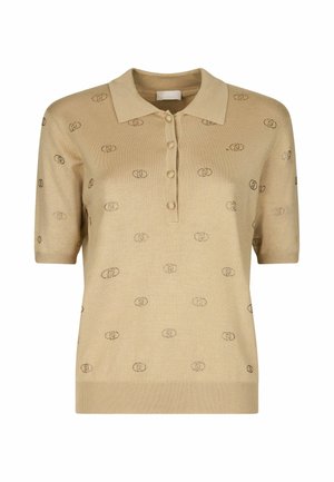 Beige gestricktes Polohemd mit kurzen Ärmeln, drei Knöpfen und gemusterten Details mit kreisförmigen Designs. Glatte Textur.