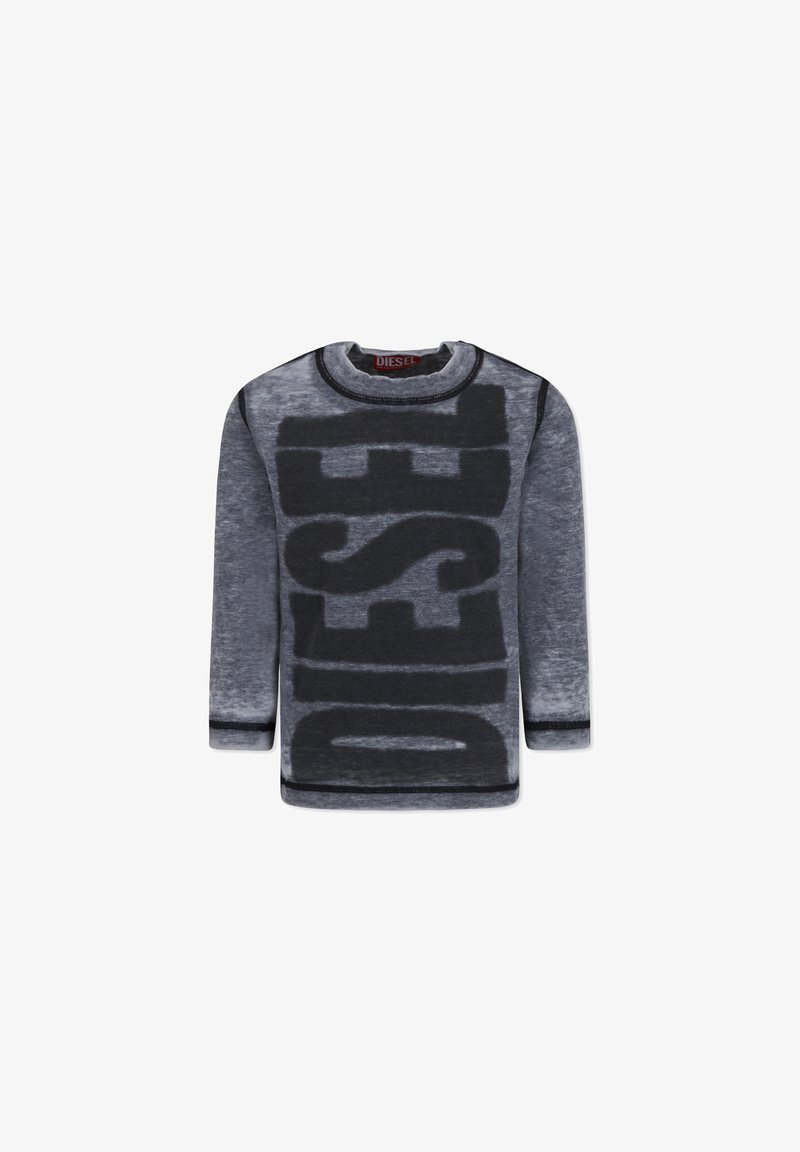 Sweatshirt gris foncé avec un grand logo noir "DIESEL" sur le devant, col rond, et coutures noires contrastantes sur les poignets.