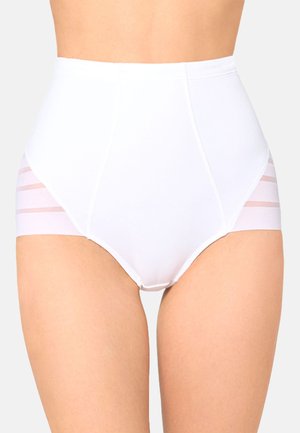 High-waisted white women's underwear with sheer striped panels on the sides worn on a bare torso and thighs against a plain background.