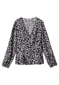 Blumige Bluse mit schwarzem Hintergrund und rosa sowie weißen Blumen, langen Ärmeln und einem V-Ausschnitt mit Knopfverschluss. Leichtes Material.