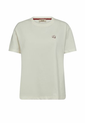 Off-white short-sleeve T-shirt with crew neck and small burgundy logo on left chest reading "MOS MOSH" and a heart design below.