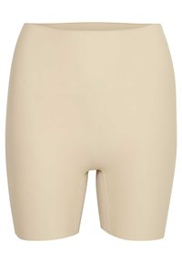Beige vormgevende shorts van een zachte, rekbare stof met een mid-thigh snit. Voorzien van een elastische tailleband en een vlakke naad voor comfort.
