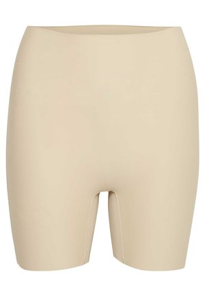 Beige Shapewear-Shorts mit hohem Bund, glatter Textur, einem Ausschnitt in der Mitte und einer figurbetonten Passform zur Konturierung.