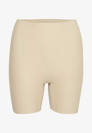 Beige high-waisted shapewear shorts with a smooth texture, cutout detail in the center, and a fitted design for shaping purposes.