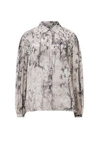 Lettet, gennemsigtig bluse i beige med et botanisk print. Har en kravehals og lange, elastiske ærmer.
