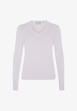 Pullover a scollo a V di un leggero colore viola, realizzato in morbido materiale a maglia. Presenta maniche lunghe e orli a coste con una sottile texture su tutta la superficie.