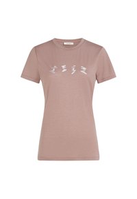 Lyserød kortærmet t-shirt lavet af blødt stof, med hvide skiløb grafiske prints på tværs af brystet. Klassisk rund hals design.