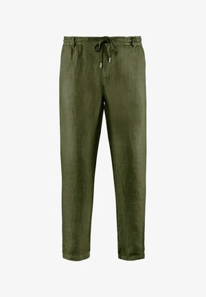 Pantalons en lin léger, vert olive, avec une taille élastique, une fermeture à cordon et un design droit. Tissu texturé avec un éclat minimal.